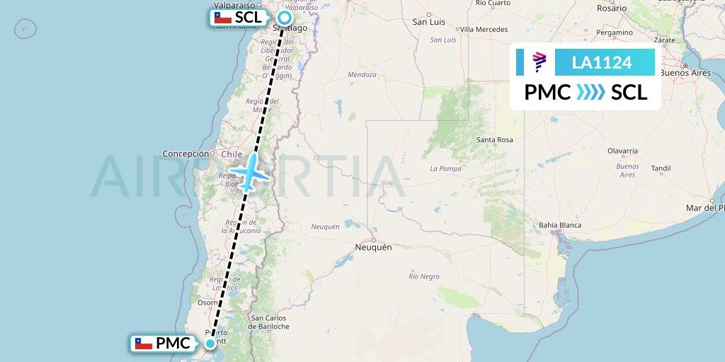 LA1124 LAN Airlines Flight Map: Puerto Montt to Santiago