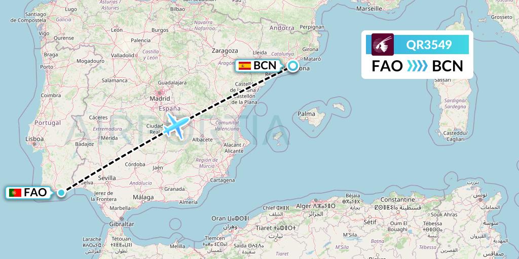 QR3549 Qatar Airways Flight Map: Faro to Barcelona