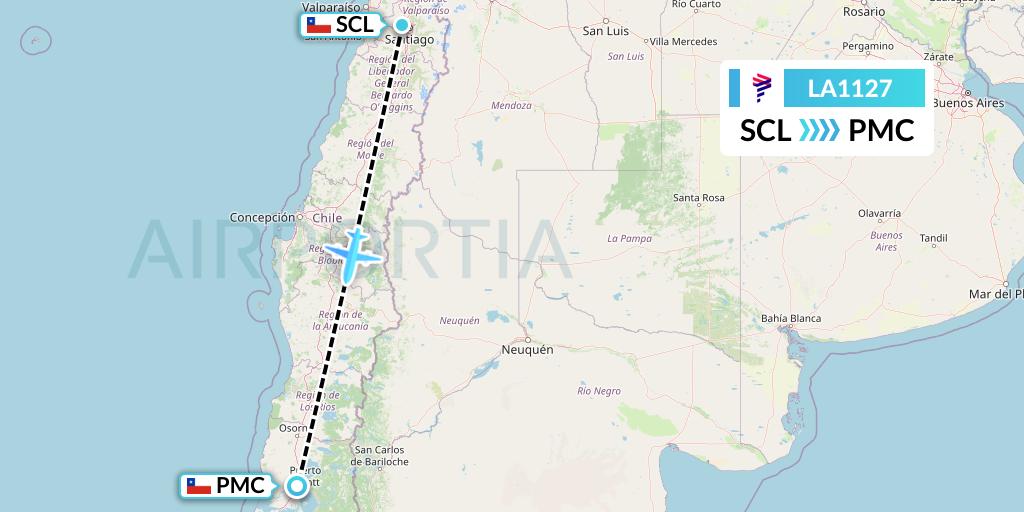 LA1127 LAN Airlines Flight Map: Santiago to Puerto Montt