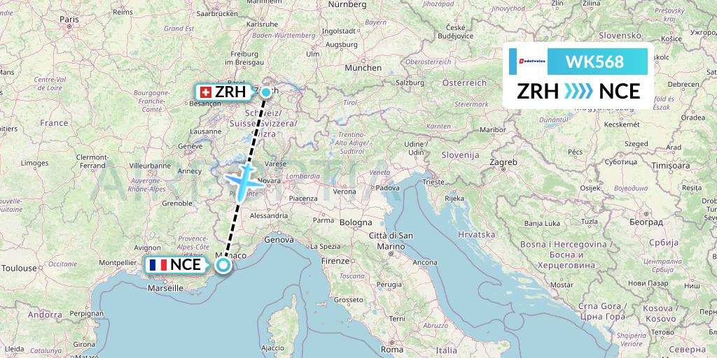 WK568 Edelweiss Air Flight Map: Zurich to Nice