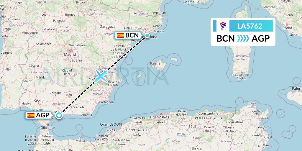 LA5762 LAN Airlines Flight Map: Barcelona to Malaga