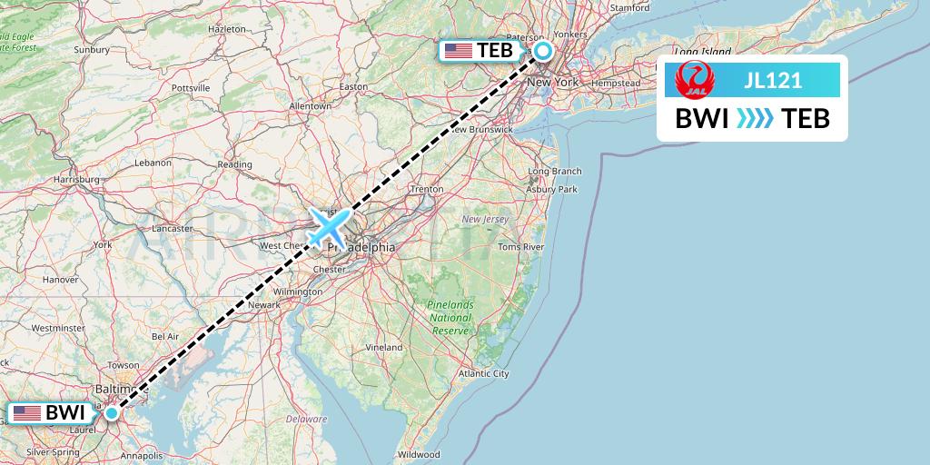 JL121 Japan Airlines Flight Map: Baltimore to Teterboro