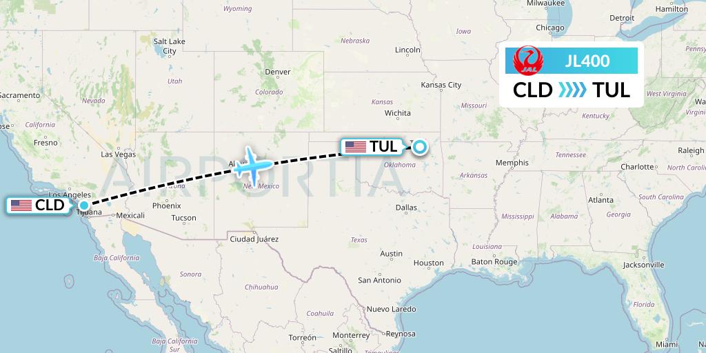 JL400 Japan Airlines Flight Map: San Diego to Tulsa