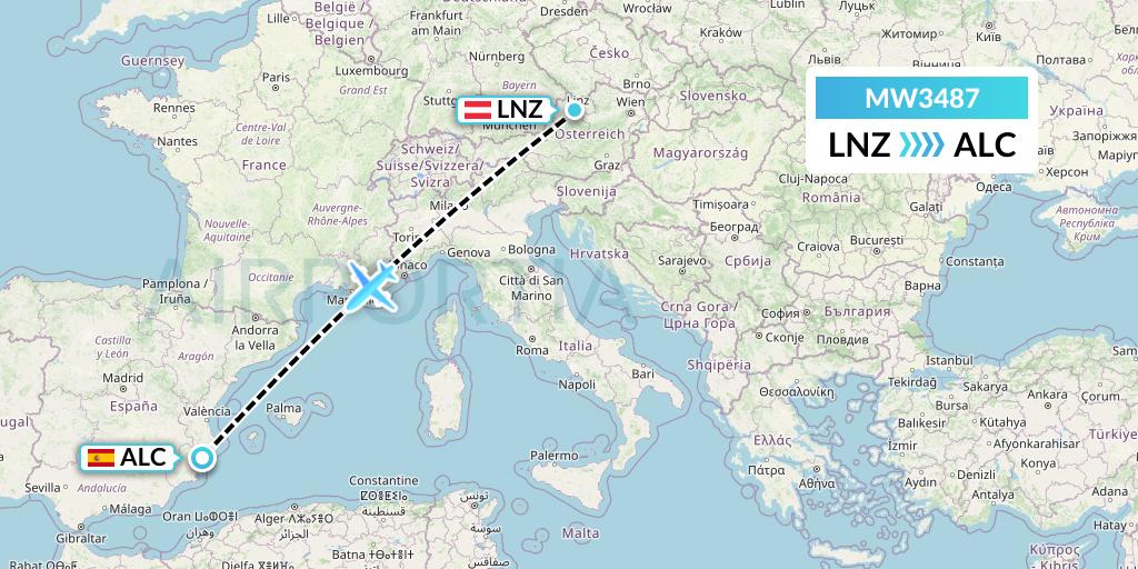 MW3487 Mokulele Flight Service Flight Map: Linz to Alicante