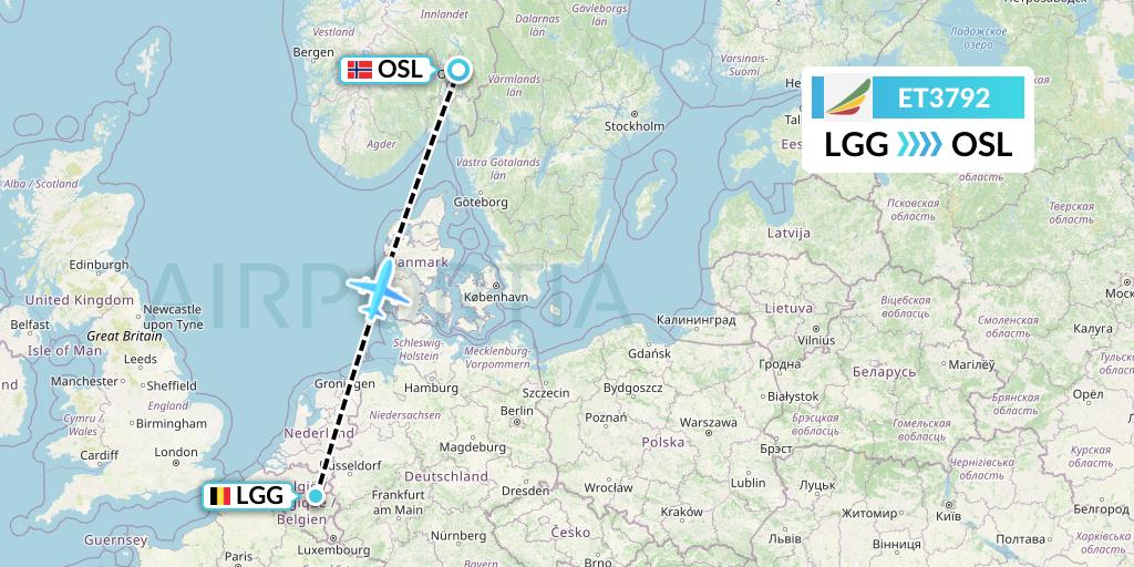 ET3792 Ethiopian Airlines Flight Map: Liege to Oslo