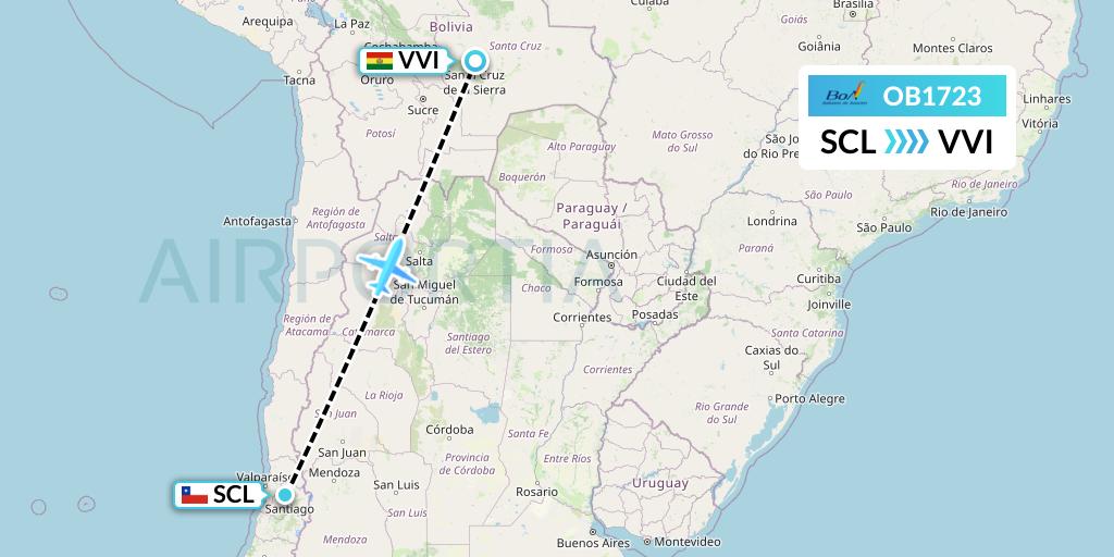 OB1723 Boliviana de Aviacion Flight Map: Santiago to Santa Cruz