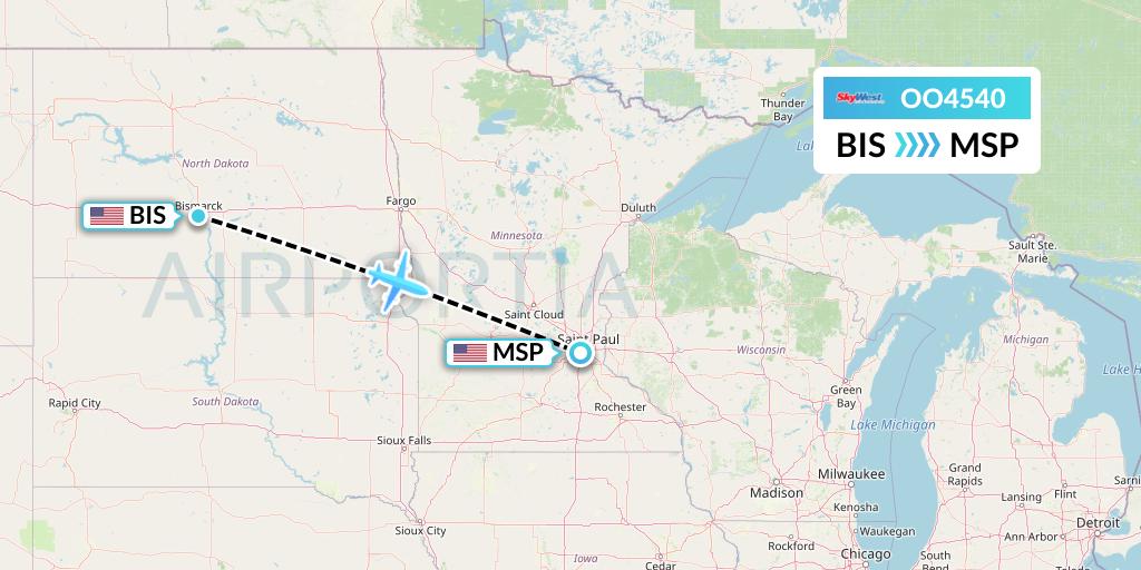 OO4540 SkyWest Airlines Flight Map: Bismarck to Minneapolis