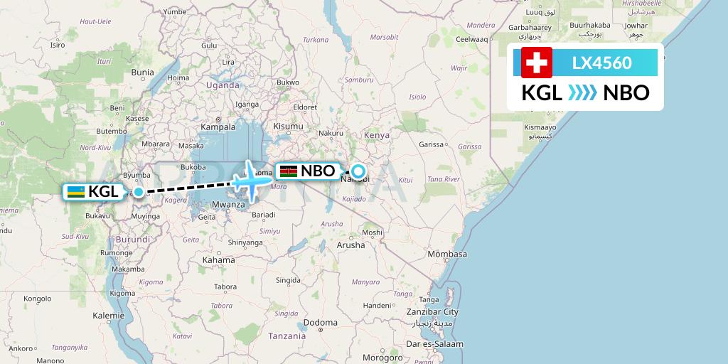 LX4560 Swiss Flight Map: Kigali to Nairobi