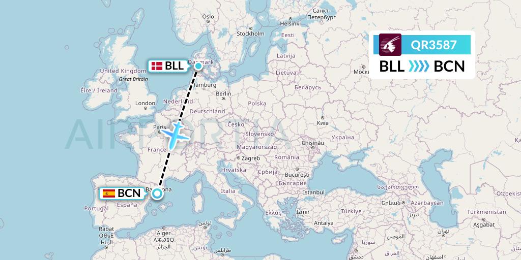 QR3587 Qatar Airways Flight Map: Billund to Barcelona