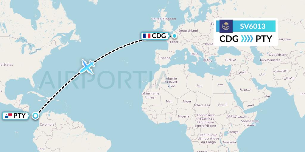 SV6013 Saudi Arabian Airlines Flight Map: Paris to Panama City