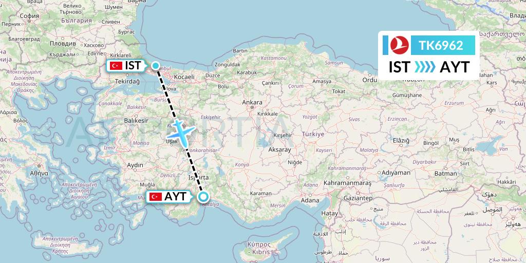 TK6962 Turkish Airlines Flight Map: Istanbul to Antalya