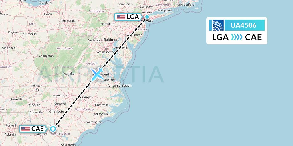UA4506 United Airlines Flight Map: New York to Columbia