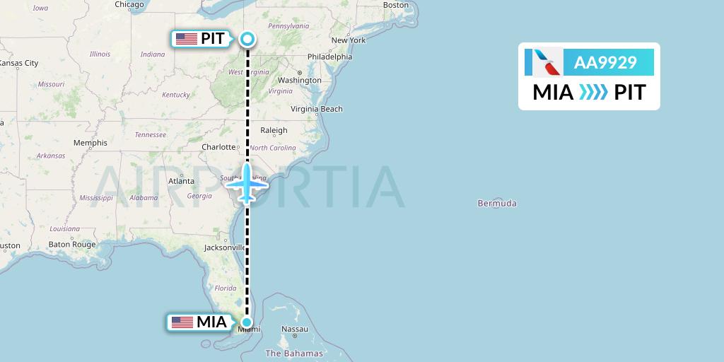 AA9929 American Airlines Flight Map: Miami to Pittsburgh