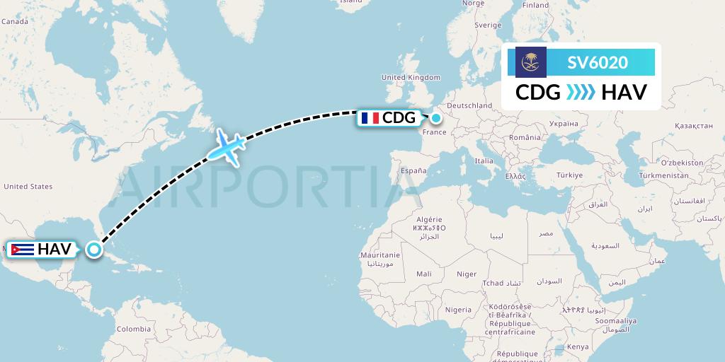 SV6020 Saudi Arabian Airlines Flight Map: Paris to Havana