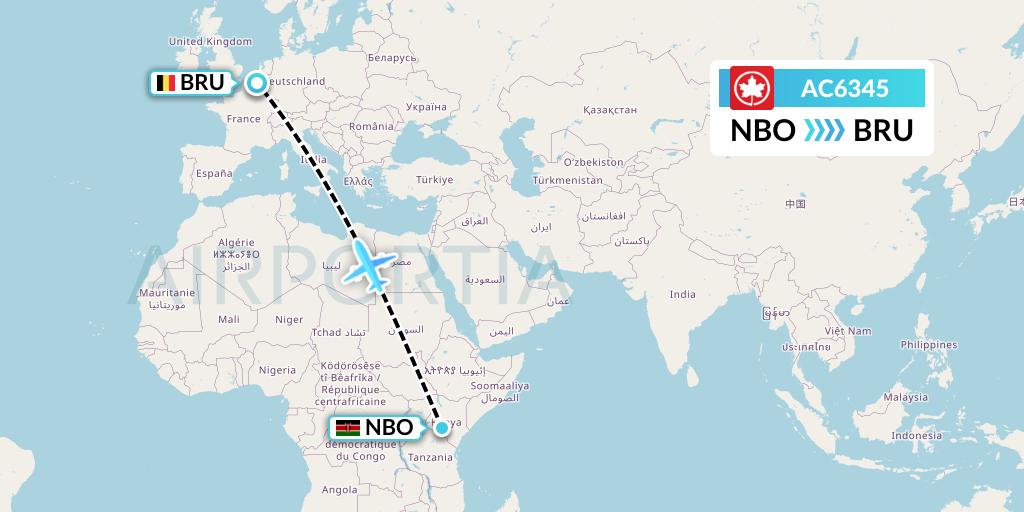 AC6345 Air Canada Flight Map: Nairobi to Brussels