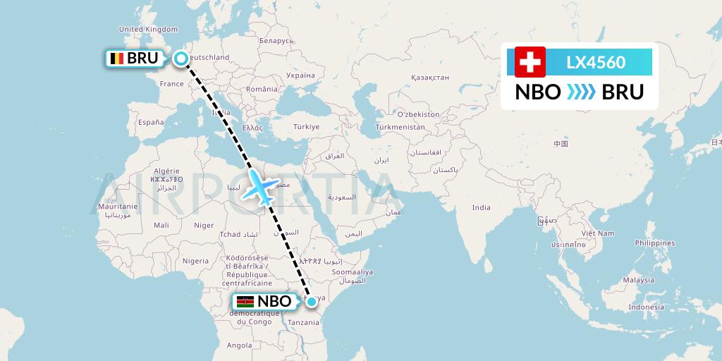 LX4560 Swiss Flight Map: Nairobi to Brussels