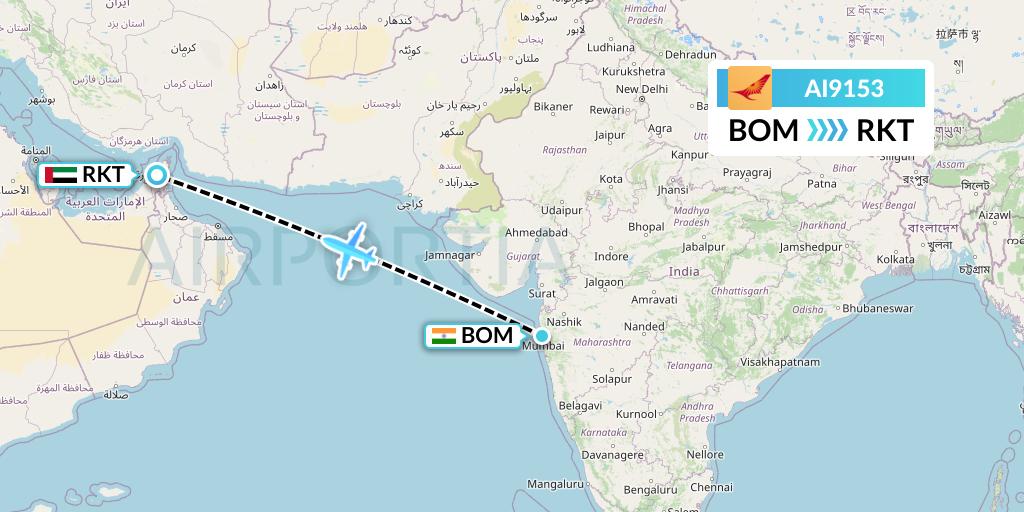 AI9153 Air India Flight Map: Mumbai to Ra'sal-Khaymah