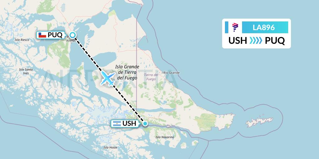 LA896 LAN Airlines Flight Map: Ushuaia to Punta Arenas