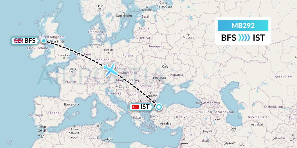 MB292 MNG Airlines Flight Map: Belfast to Istanbul