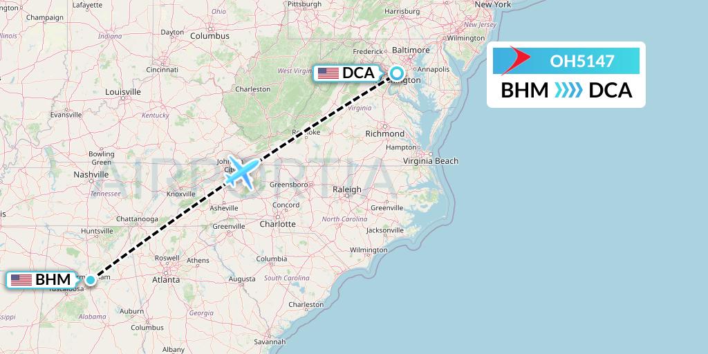 OH5147 PSA Airlines Flight Map: Birmingham to Washington