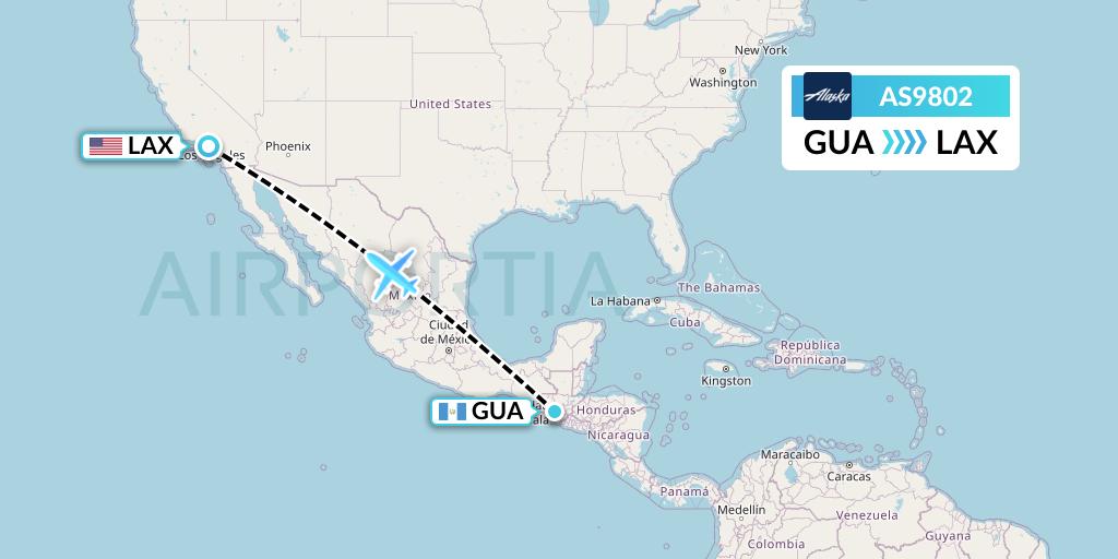 AS9802 Alaska Airlines Flight Map: Guatemala City to Los Angeles