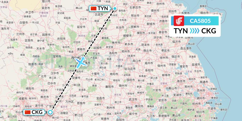 CA5805 Air China Flight Map: Taiyuan to Chongqing
