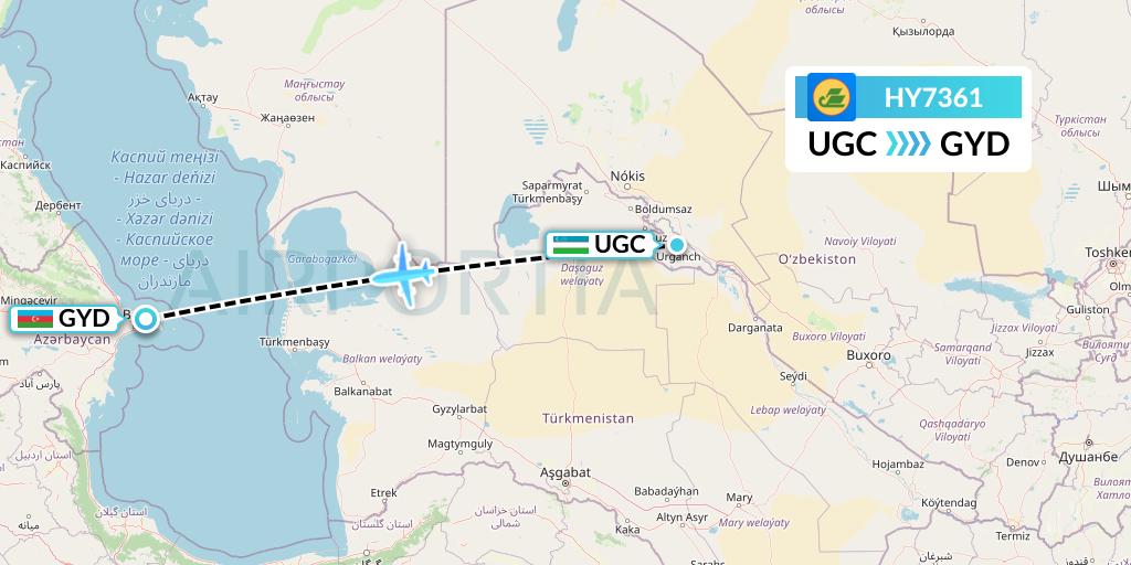 HY7361 Uzbekistan Airways Flight Map: Urgench to Baku