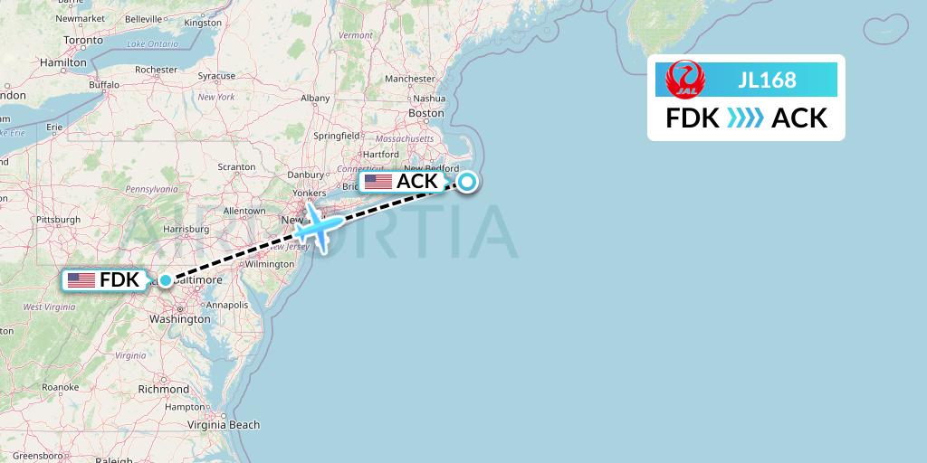JL168 Japan Airlines Flight Map: Frederick to Nantucket