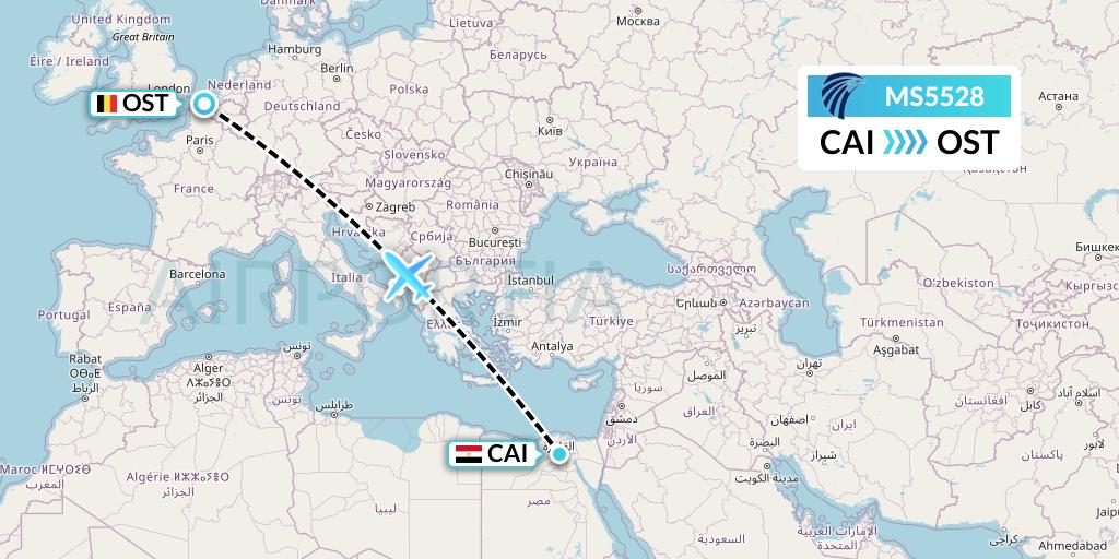 MS5528 EgyptAir Flight Map: Cairo to Ostend