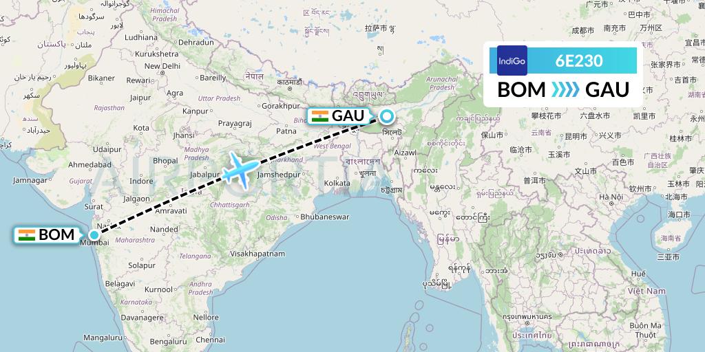 6E230 IndiGo Airlines Flight Map: Mumbai to Guwahati
