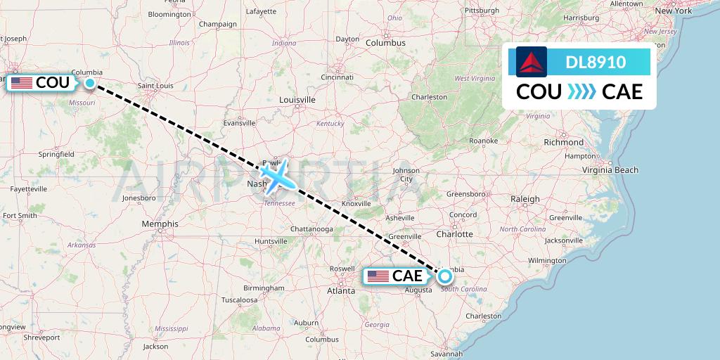 DL8910 Delta Air Lines Flight Map: Columbia to Columbia