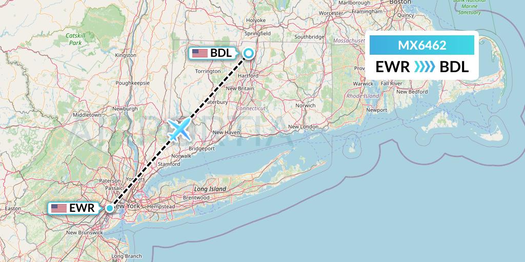 MX6462 Breeze Airways Flight Map: New York to Windsor Locks