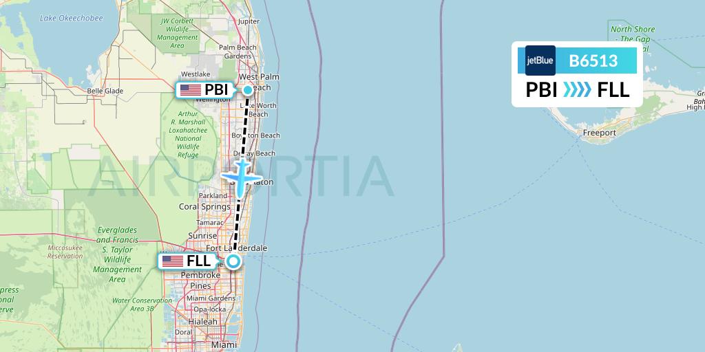 B6513 JetBlue Airways Flight Map: West Palm Beach to Fort Lauderdale