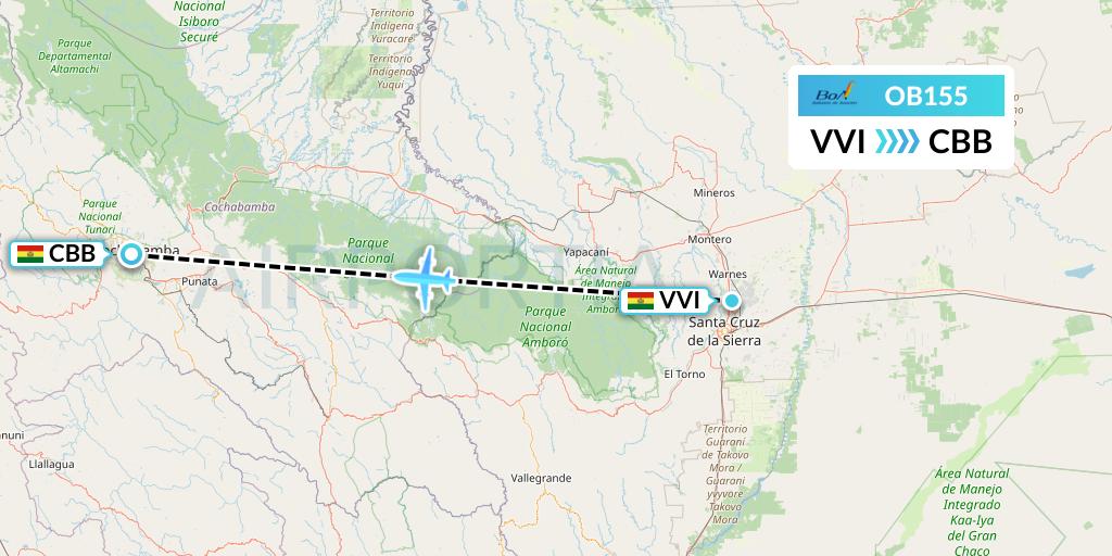 OB155 Boliviana de Aviacion Flight Map: Santa Cruz to Cochabamba