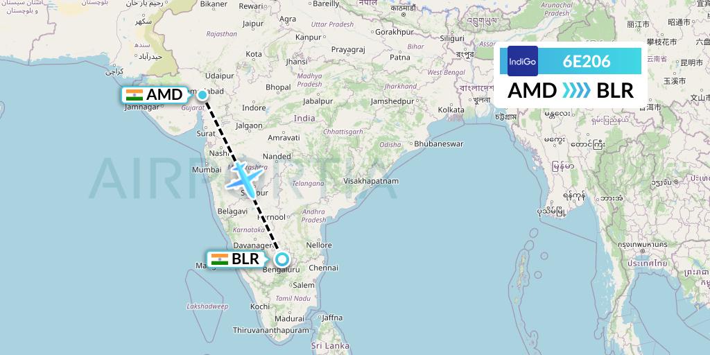 6E206 IndiGo Airlines Flight Map: Ahmedabad to Bangalore