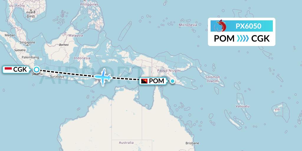 PX6050 Air Niugini Flight Map: Port Moresby to Jakarta