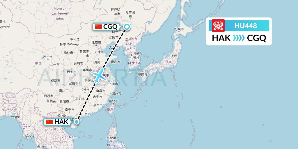 HU448 Hainan Airlines Flight Map: Haikou to Changchun