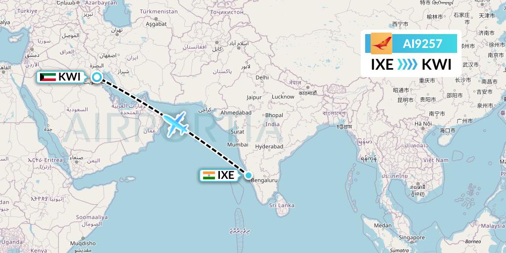AI9257 Air India Flight Map: Mangalore to Kuwait City
