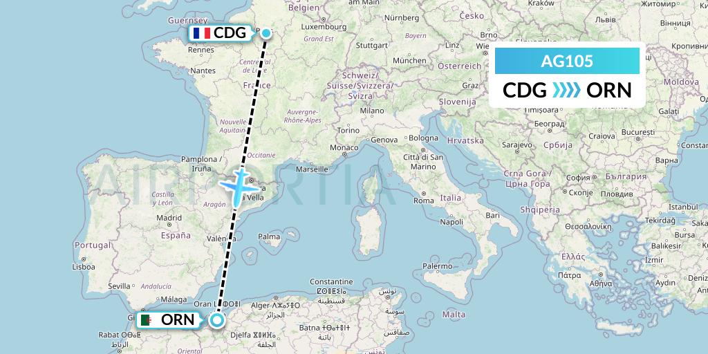AG105 Aruba Airlines Flight Map: Paris to Oran
