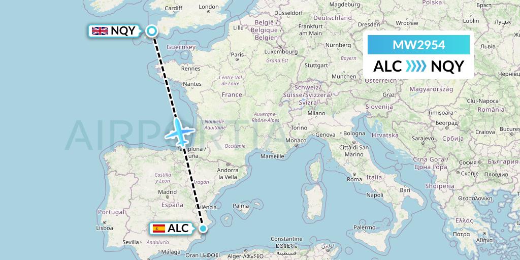 MW2954 Mokulele Flight Service Flight Map: Alicante to Newquay