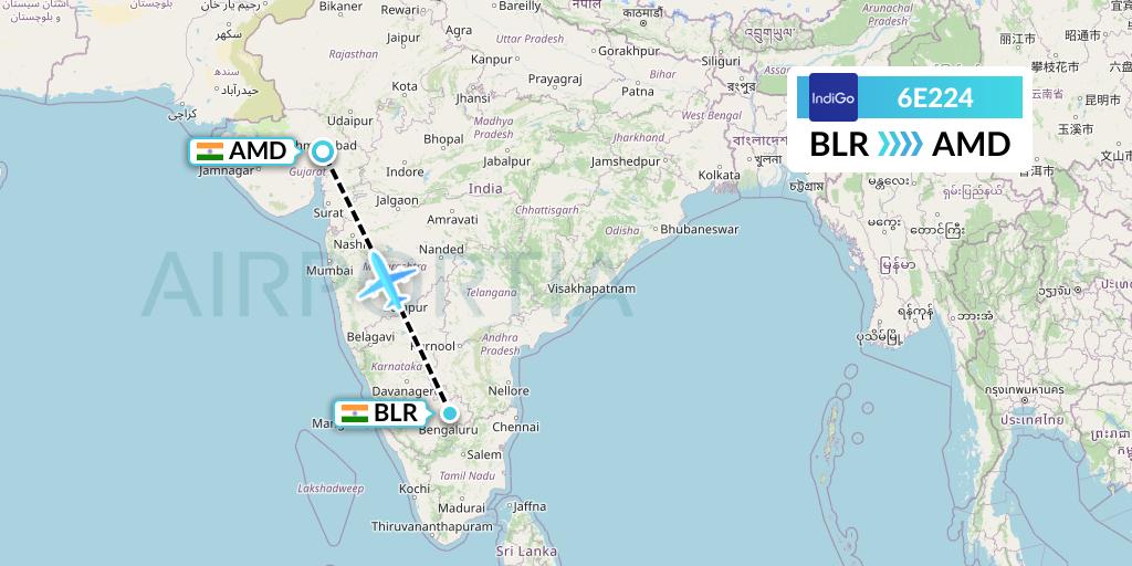 6E224 IndiGo Airlines Flight Map: Bangalore to Ahmedabad