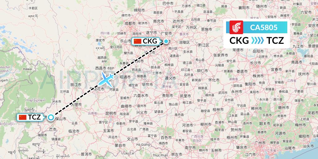 CA5805 Air China Flight Map: Chongqing to Tengchong
