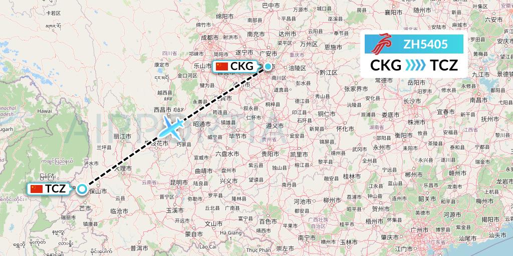 ZH5405 Shenzhen Airlines Flight Map: Chongqing to Tengchong
