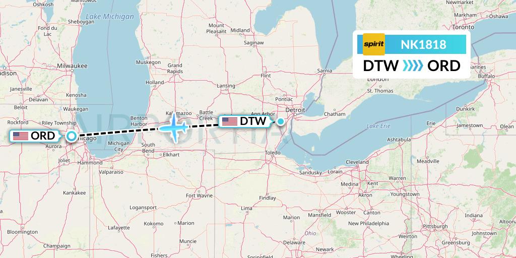 NK1818 Spirit Airlines Flight Map: Detroit to Chicago