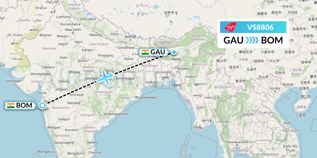 VS8806 Virgin Atlantic Airways Flight Map: Guwahati to Mumbai