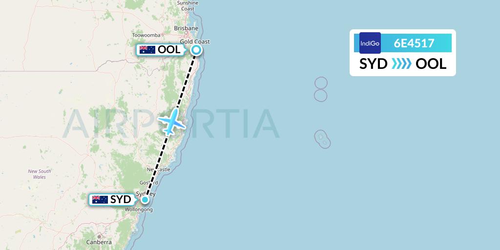 6E4517 IndiGo Airlines Flight Map: Sydney to Gold Coast