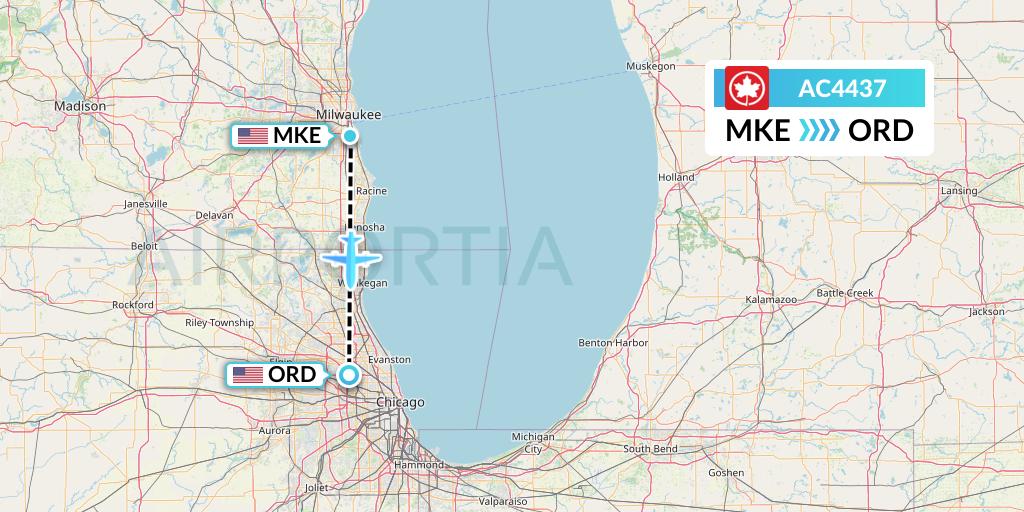 AC4437 Air Canada Flight Map: Milwaukee to Chicago