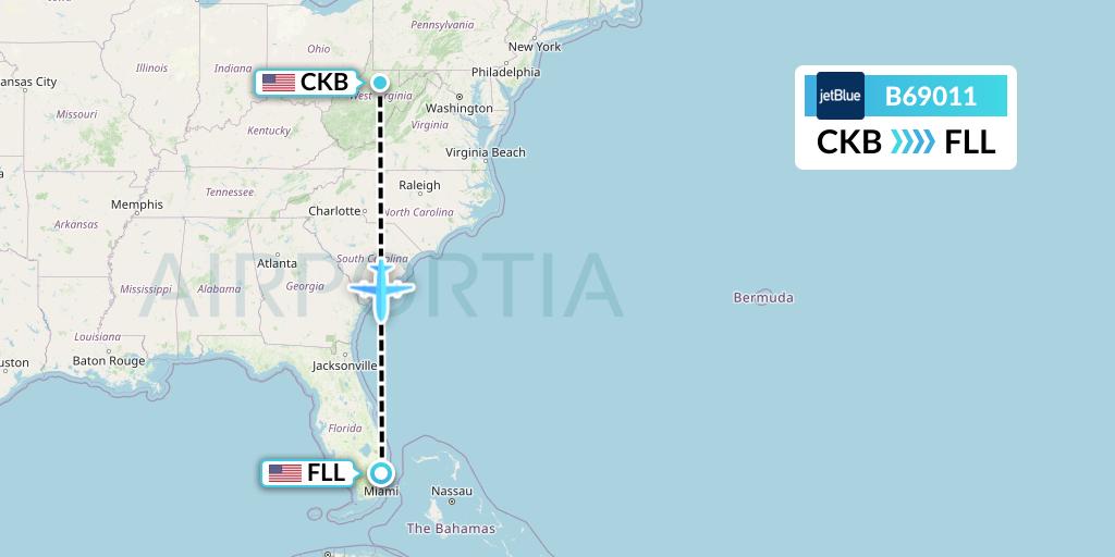 B69011 JetBlue Airways Flight Map: Clarksburg to Fort Lauderdale