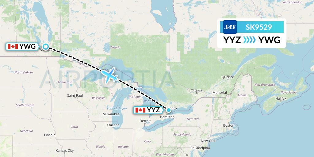 SK9529 SAS Flight Map: Toronto to Winnipeg