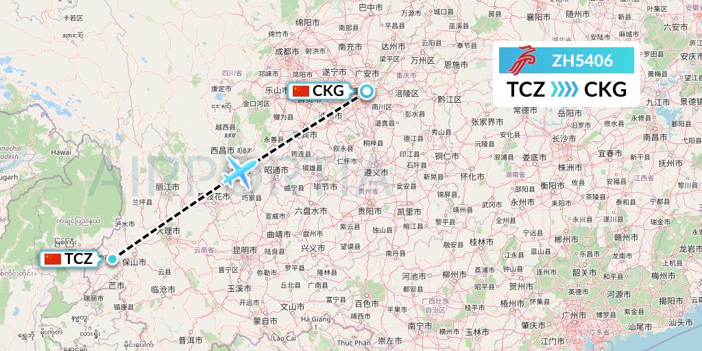 ZH5406 Shenzhen Airlines Flight Map: Tengchong to Chongqing